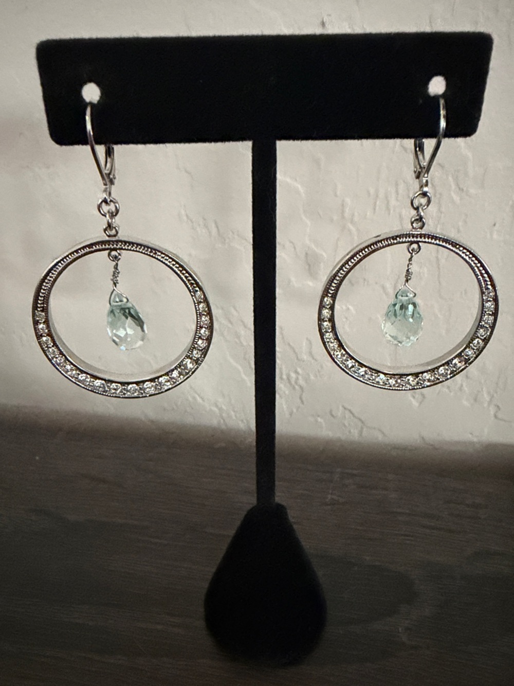 Silver Hoop Drop Earrings with Aquamarine Teardrop Crystals